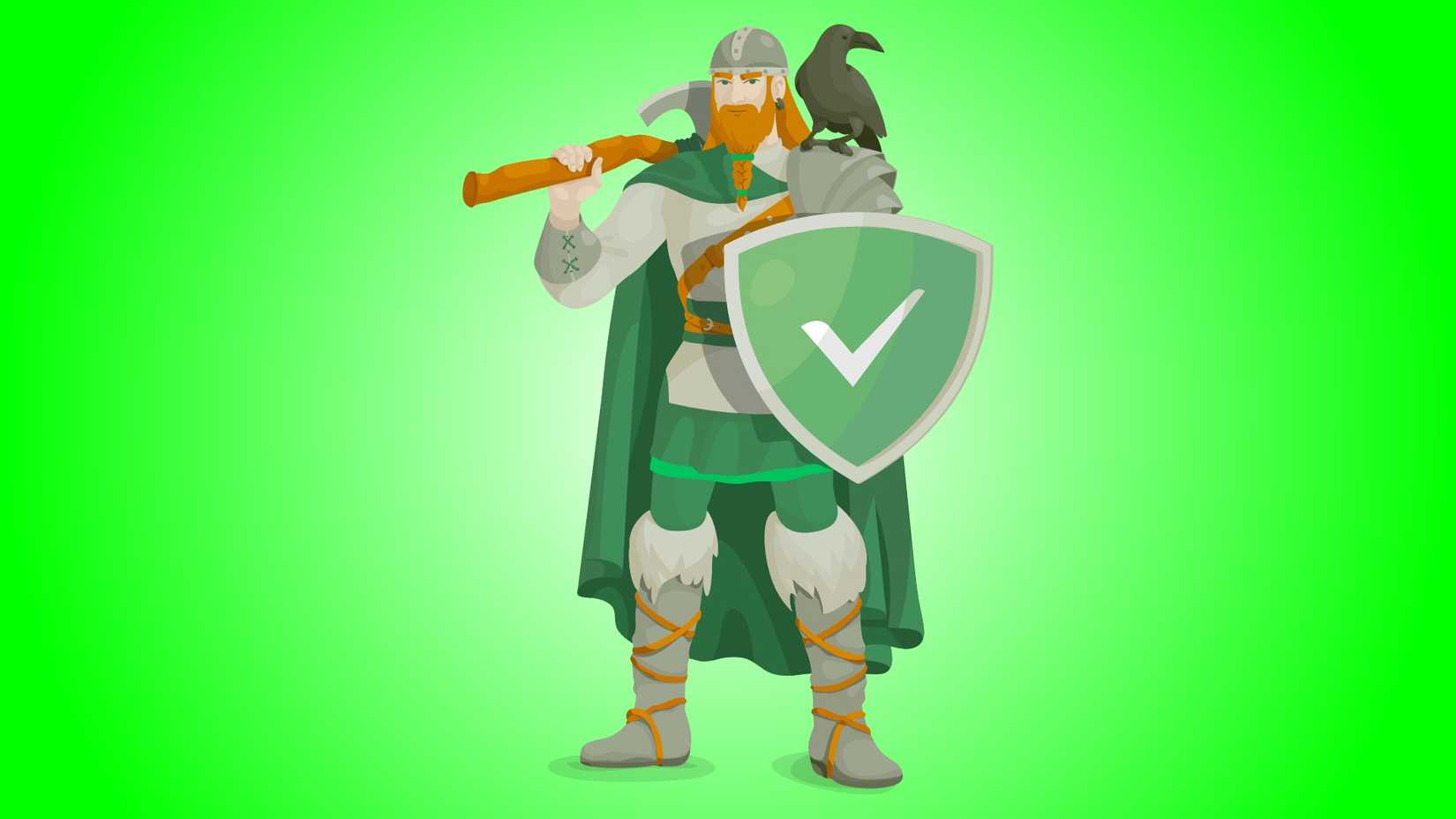 Agnar o mascote de adguard em frente a um fundo radial de gradiente verde