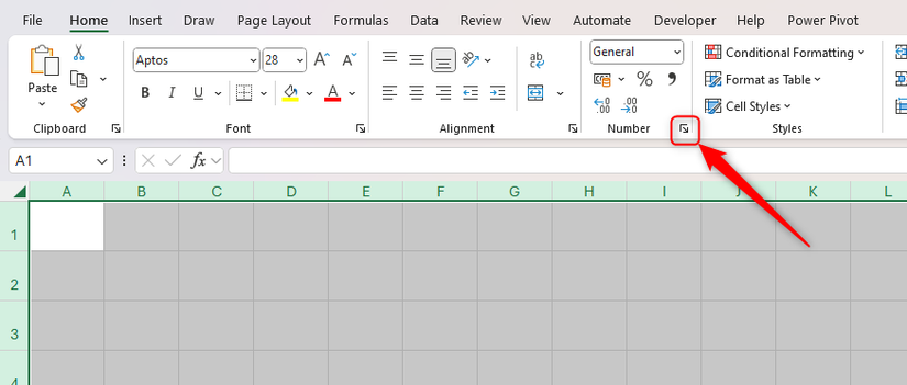 Todas as células em uma pasta de trabalho em branco do Excel são selecionadas e o lançador de caixa de diálogo Formato de células no grupo numérico é selecionado.