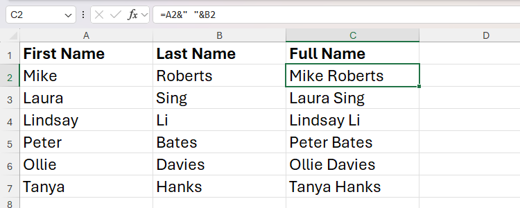 Ampersand symbols used in an Excel formula to concatenate a first and last name with a space between to return a full name.
