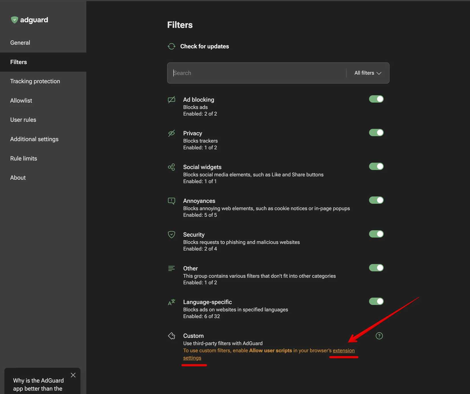 Uma página de filtros do AdGuard com uma seta mostrando ao usuário para permitir scripts de usuário nas configurações de extensão do navegador para que scripts personalizados possam ser usados