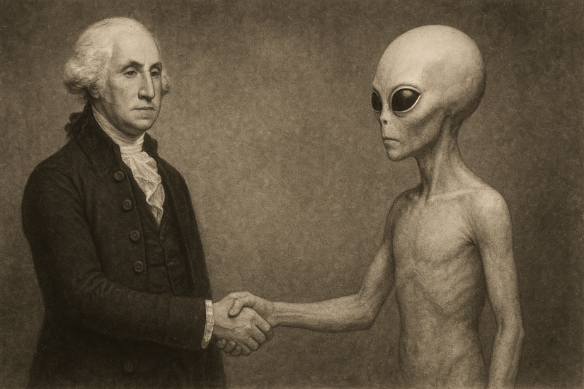 Uma imagem gerada pela IA de George Washington apertando as mãos com um alienígena.