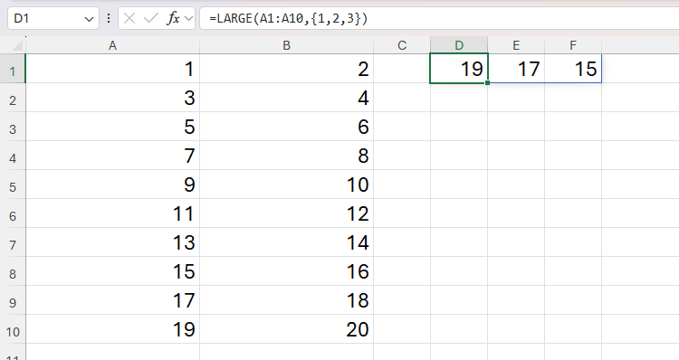 An array constant used within the LARGE function in Excel to return a horizontal array of the three largest numbers in a range.