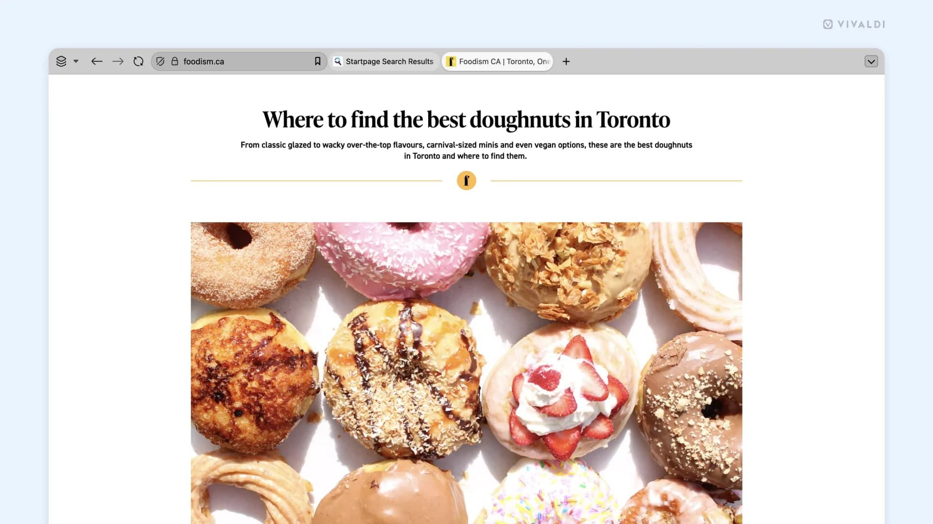 An article on where to find the best doughnuts in Toronto with an image of differen donuts in the Vivaldi Browser with the tabs moved to the top