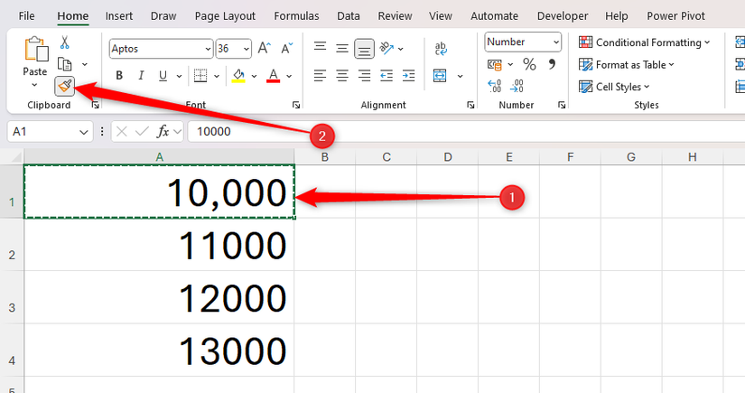 Uma célula do Excel contendo o número 10.000 com milhares de separadores está ativa e o ícone do Painter de Formato é selecionado.