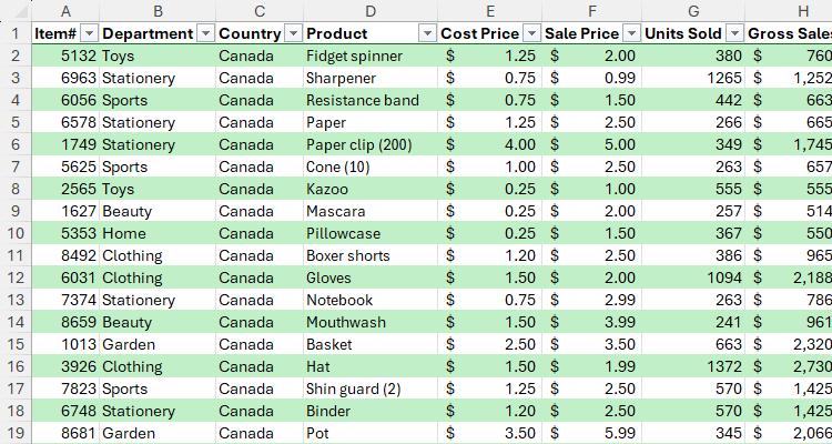 EXCEL data collection coordinated light green, table style 4.