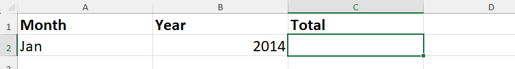 An Excel spreadsheet, with a month in cell A2, a year in cell B2, and C2 (empty), where the total sales will be calculated, selected.