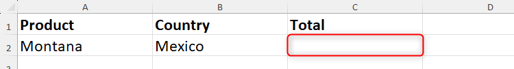 An Excel spreadsheet, with a product in cell A2, a country in cell B2, cell C2 where a total will be generated highlighted.