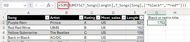 An Excel SUMIFS formula containing an array constant is nested inside the SUM function to produce a single result.