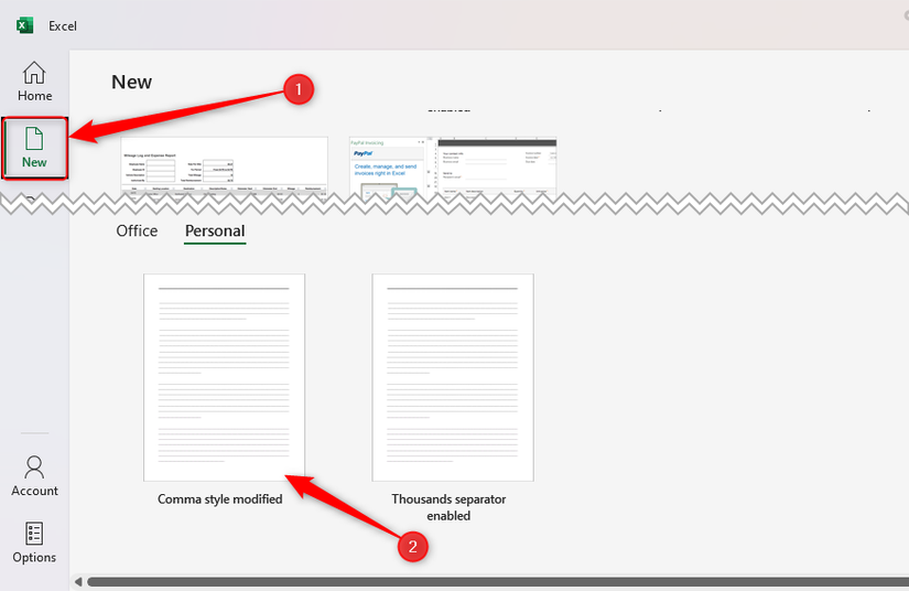 An Excel template named 'Comma style modified' is selected in the New section of the welcome page.
