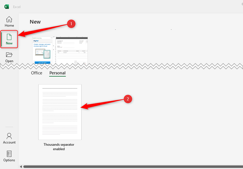 An Excel template named 'Thousands separator enabled' is selected in the New section of the welcome page.