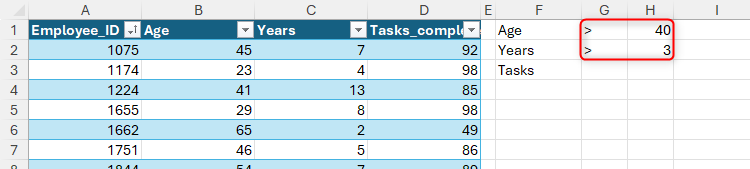 An Excel worksheet with logical operators in cells G1 and G2, and numerical criteria in cells H1 and H2.