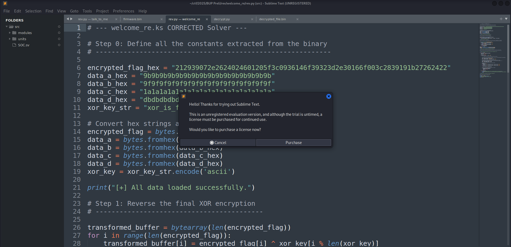Uma instância de um pop -up solicitando ao usuário que compre uma licença para texto sublime.
