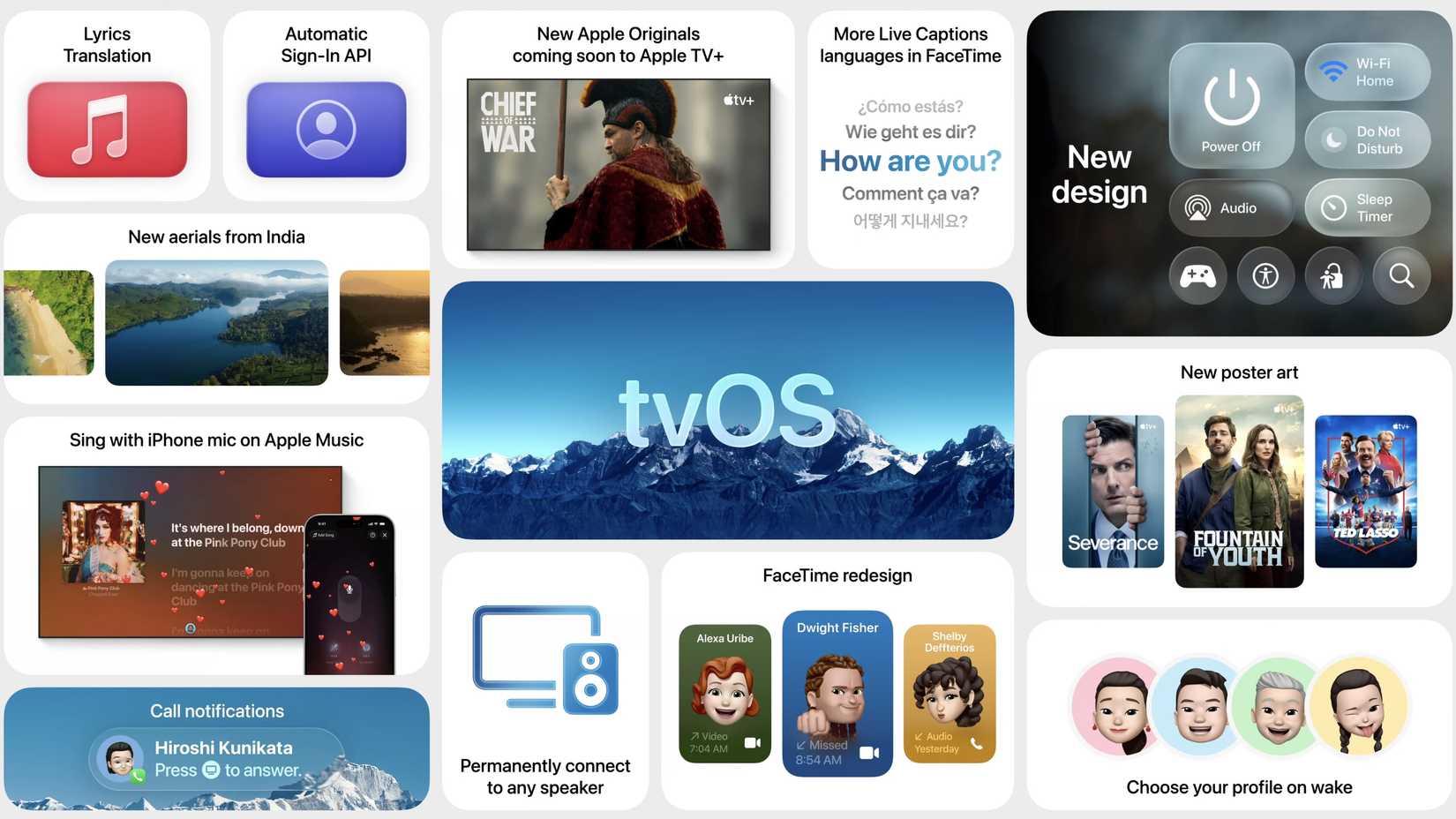 Várias caixas destacando os principais recursos do TvOS 26.