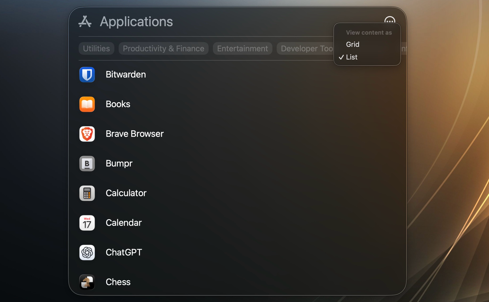 Visualização da lista de aplicativos em Spotlight.