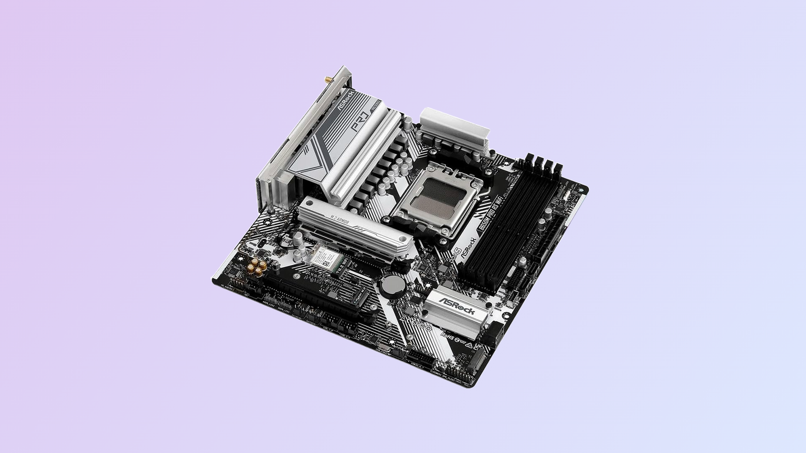 Uma placa -mãe Wi -Fi da Asrock B650m Pro RS contra um fundo lilás. 