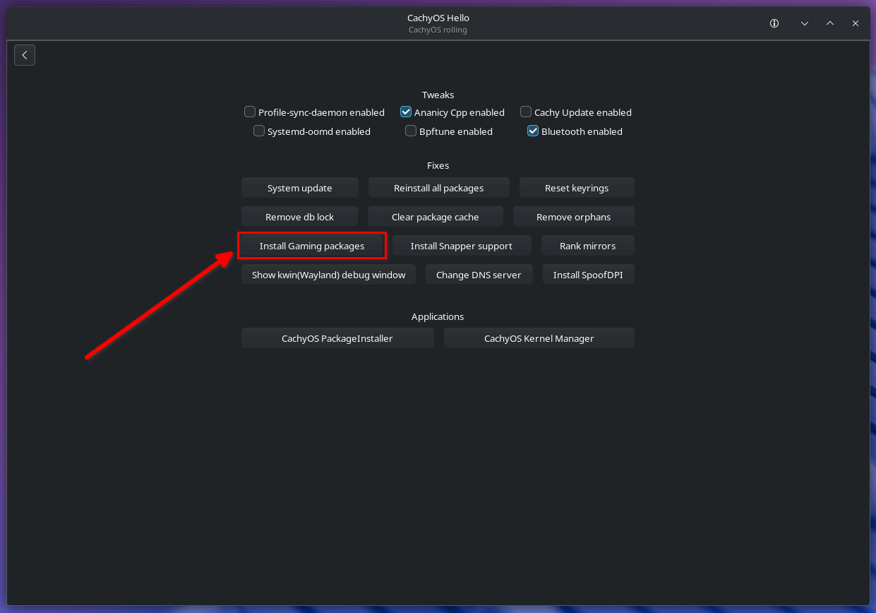 CachyOS Hello App pointing to gaming packages installer script.