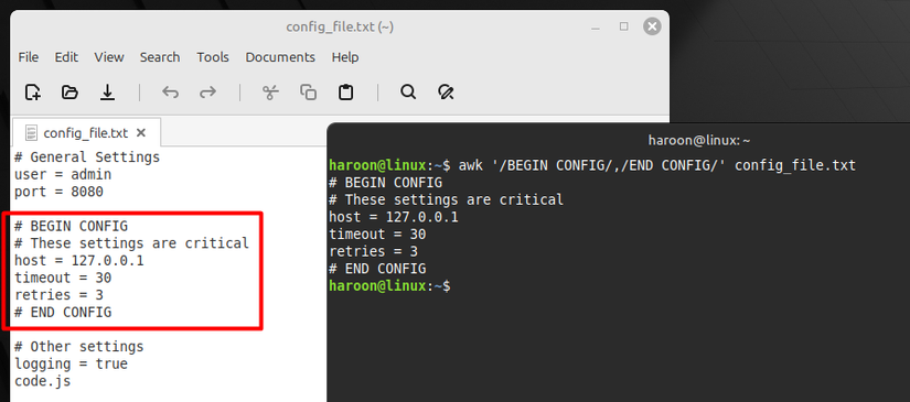 Captura de dados de texto entre dois marcadores valorizando usando awk