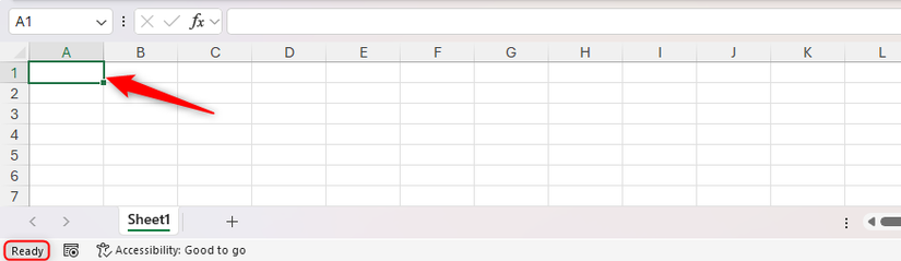 Célula A1 selecionada no Excel com o modo Pronto ativado