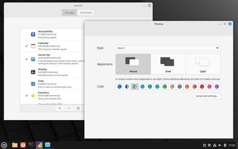 Cinnamon desktop showing applets and themes setting windows open