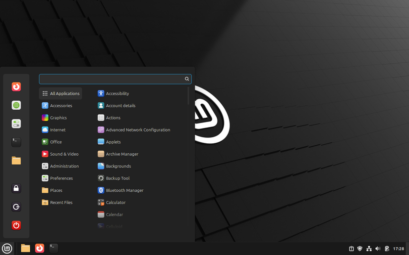 Cinnamon desktop showing main menu panel open.