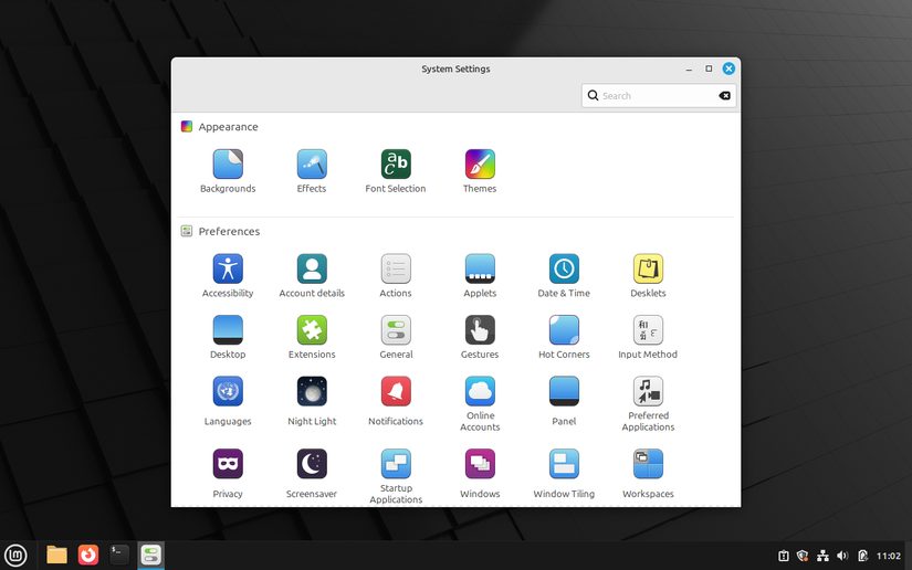 Cinnamon desktop displays the system of system settings application.