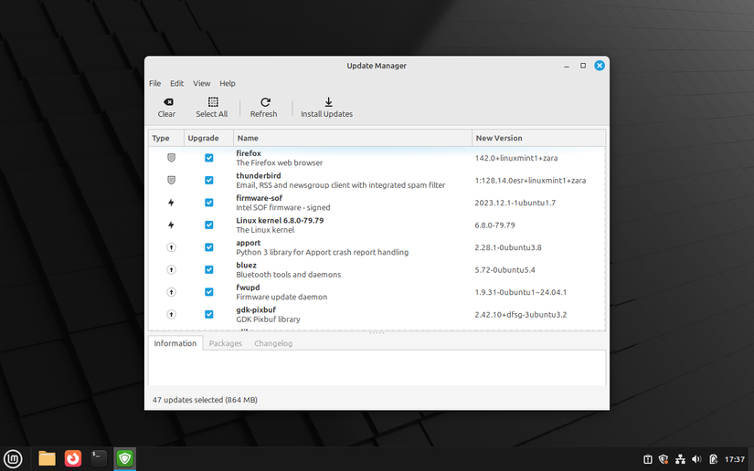 Cinnamon desktop displays open update application.