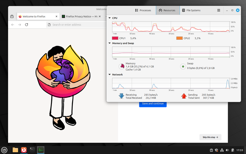Cinnamon desktop with open system monitoring shows the use of low resources.