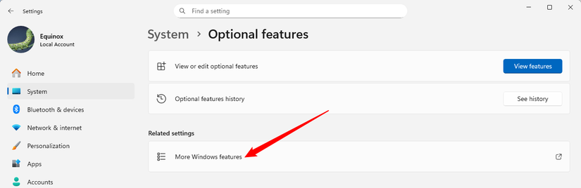 Clique em mais recursos do Windows no aplicativo Configurações.