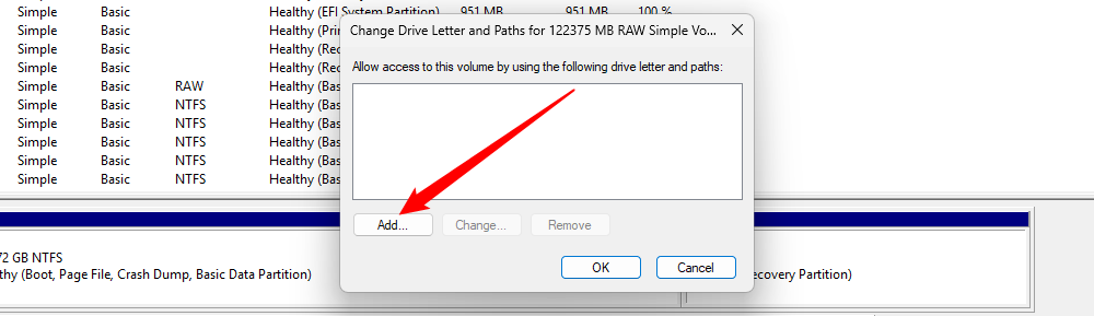 Click the Add button to assign a drive letter to the drive.