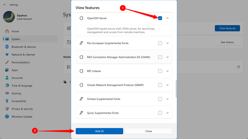 Clique na caixa ao lado do item que deseja instalar e clique em 