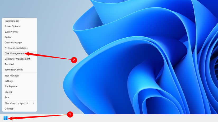 Click the Start menu then click Disk Management.