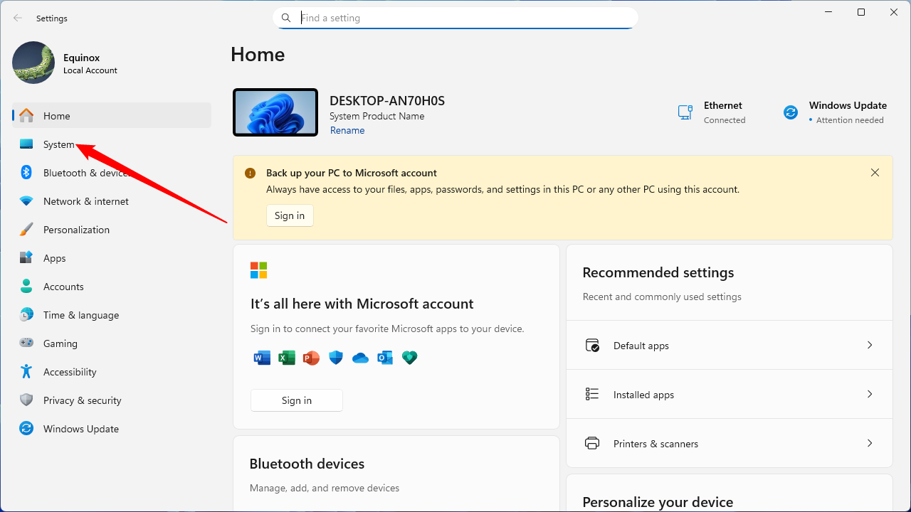 Click the System button in the left-hand sidebar.