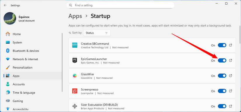 Alternando a ativação de um aplicativo para evitar que ele seja iniciado automaticamente