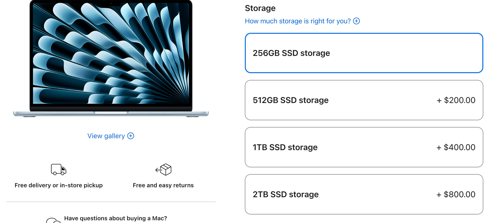 Screenshot of MacBook Air purchase page, with 512GB storage as $200 more, 1TB storage as $400 more, and 2TB storage as $800 more.