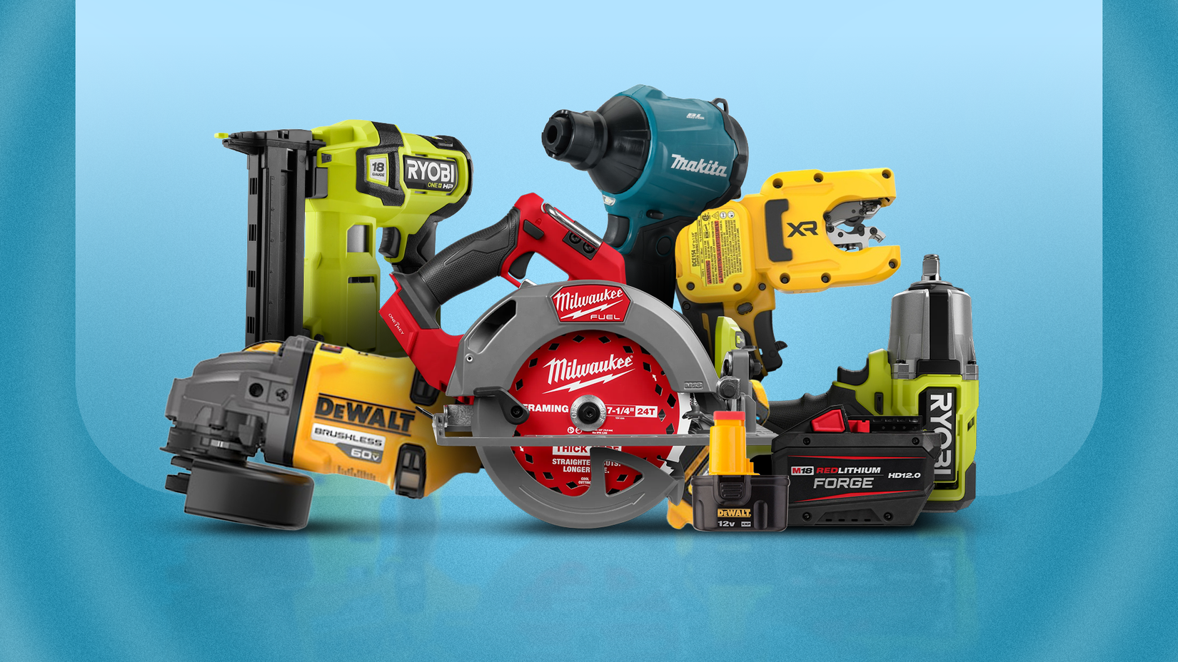 Collage de herramientas eléctricas de las principales marcas, incluidas Ryobi, Milwaukee, Makita y DeWALT, dispuestas juntas sobre un fondo azul.