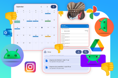 Collage showing Android widgets, surrounded by thumbs-down icons and Android logos.