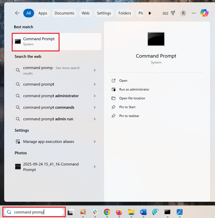 A screenshot of the Windows 11 taskbar search results, with command prompt being displayed.