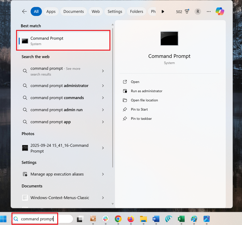 A screenshot of the start menu search in Windows 11. The search has command prompt typed in it.