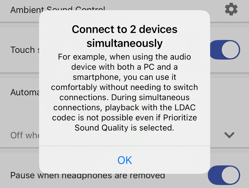Connecting two devices warning for Sony headphones.