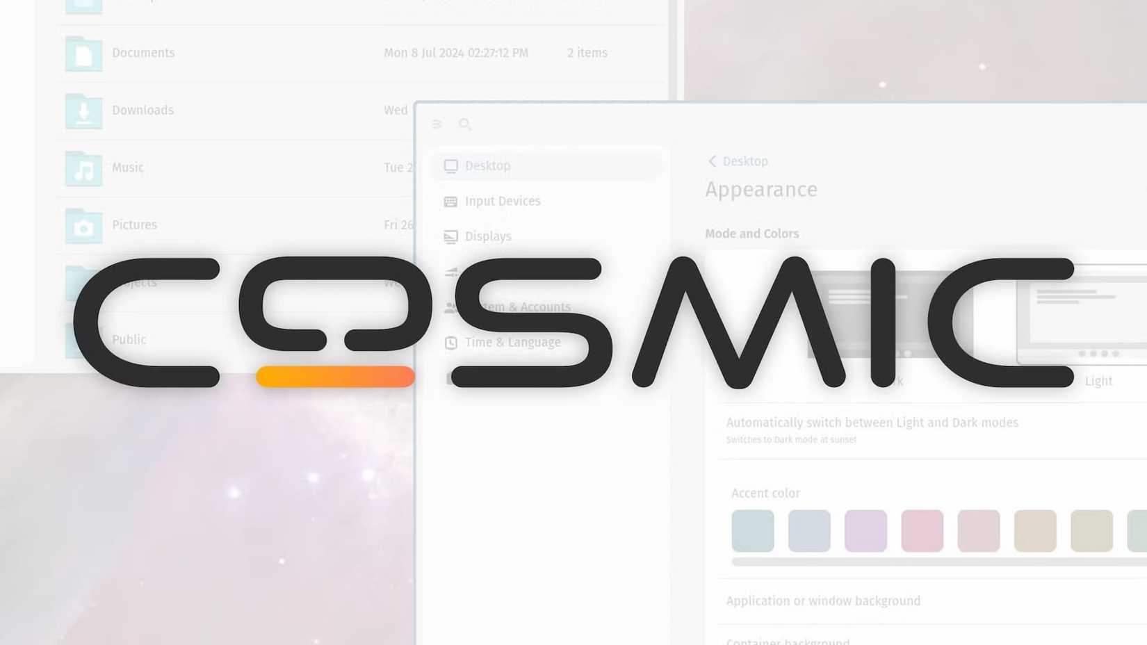 COSMIC desktop logo over some customization settings.
