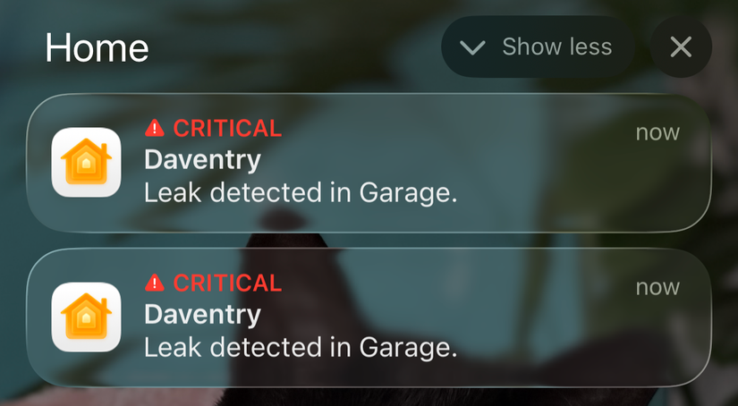 Alerta crítico para o detector de vazamentos via Apple Home.