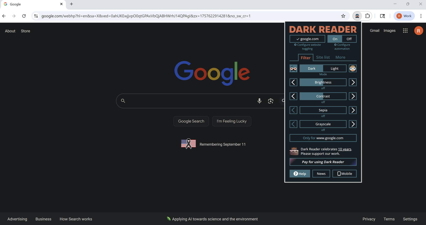 A screenshot of the Dark Reader browser add-on engaged on the Google home page.