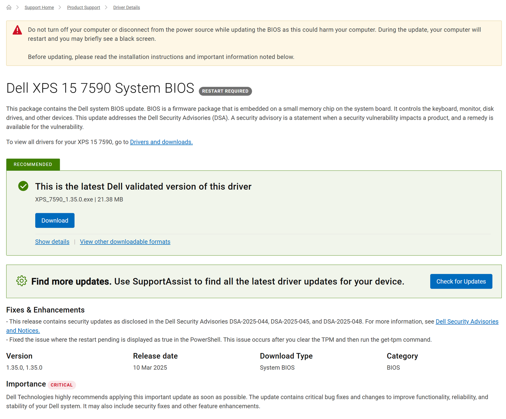 A picture of the Dell support page for the Dell XPS 15 laptop. BIOS updates section is visible.