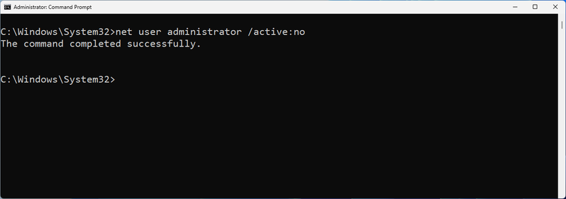 Disabling the administrator account in Command Prompt