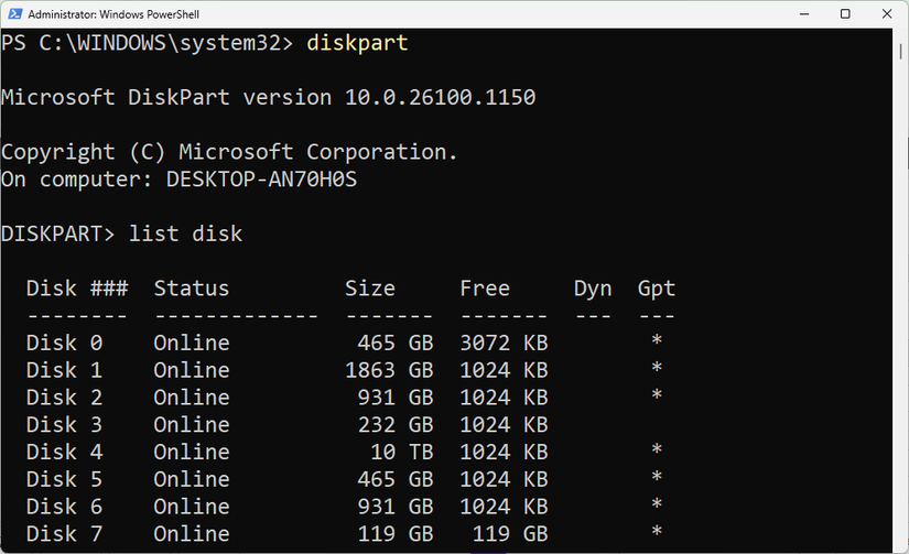 Diskpart open in PowerShell on Windows 11.