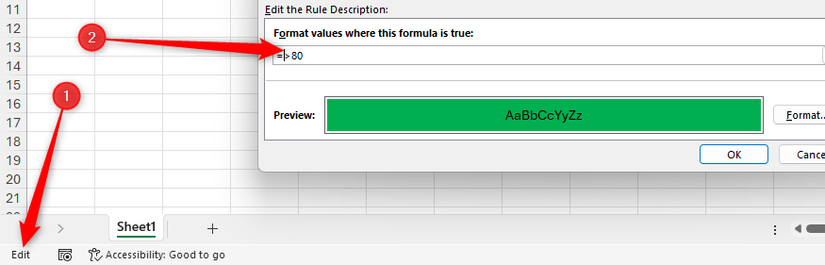 Modo Editar ativado no Excel com o cursor após o sinal de igual em uma regra de formatação condicional