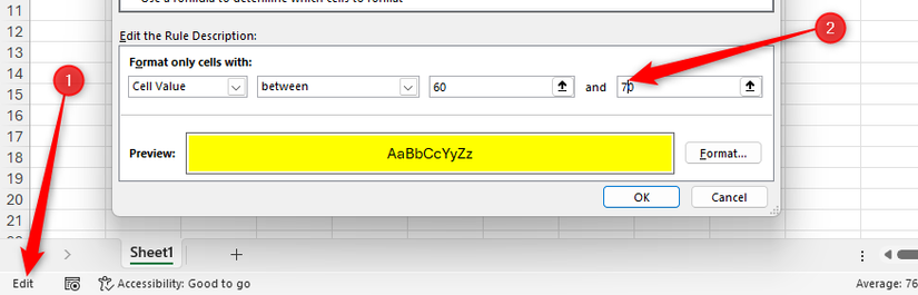 Modo Editar ativado no Excel com o cursor posicionado entre dígitos de uma regra de formatação condicional