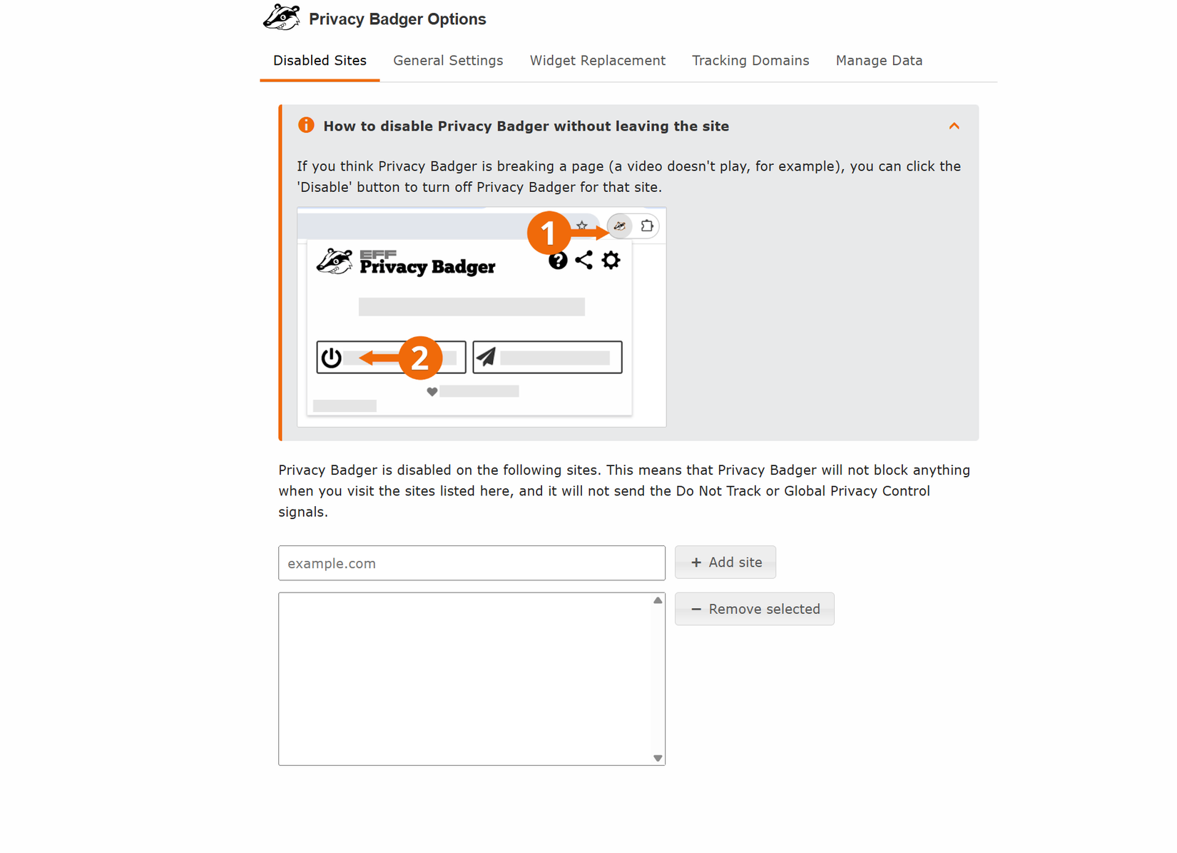 A screen shot of the EFF Privacy Badger browser extension's settings page.