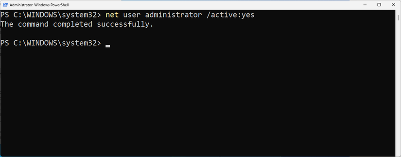 Enabling the administrator account through PowerShell.