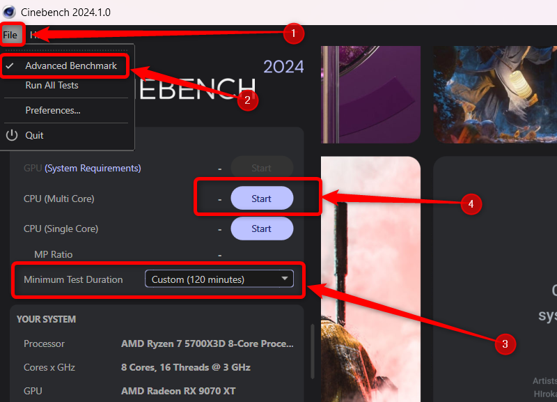 Selecting a custom CPU benchmark in Cinebench 24. 